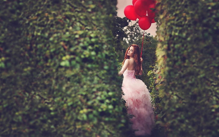 Red balloons, girl, HD wallpaper