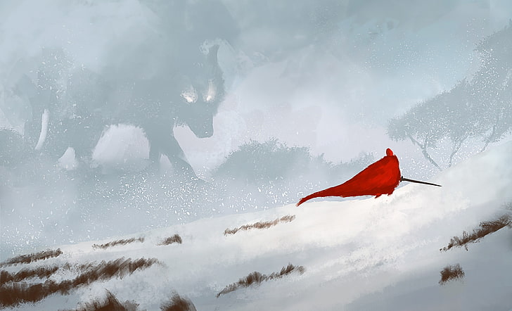 Red Riding Hood, snow, wolf, sword, nature, winter, cold temperature, HD wallpaper