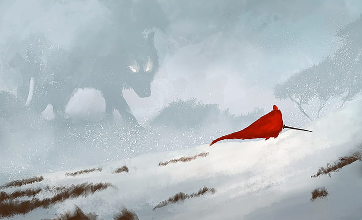 wolf, sword, snow, Red Riding Hood