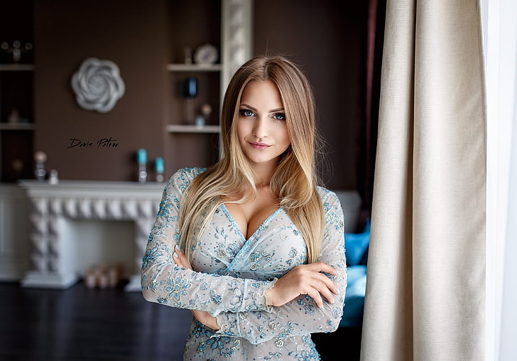 blue eyes, smiling, portrait, Denis Petrov, cleavage, blonde, HD wallpaper