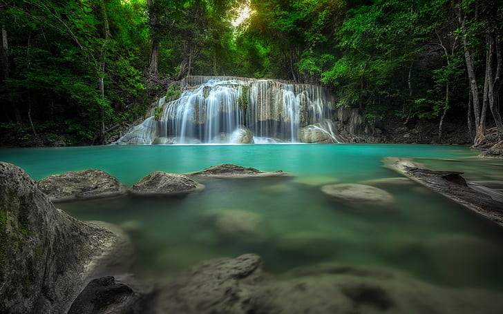 tropical, Thailand, landscape, pond, forest, green, waterfall, HD wallpaper