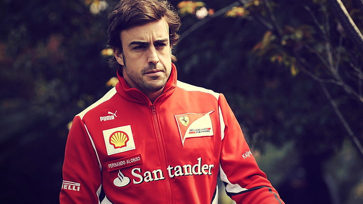 men's red and white Puma zip-up racing jacket, fernando alonso