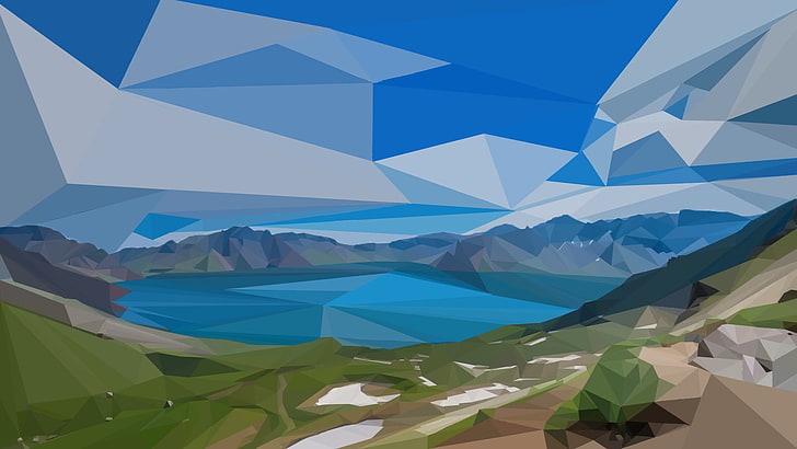 lake and mountain painting, low poly, landscape, nature, sky, HD wallpaper