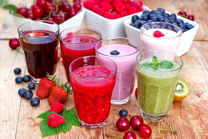Food, Juice, Berry, Blueberry, Cherry, Glass, Kiwi, Raspberry