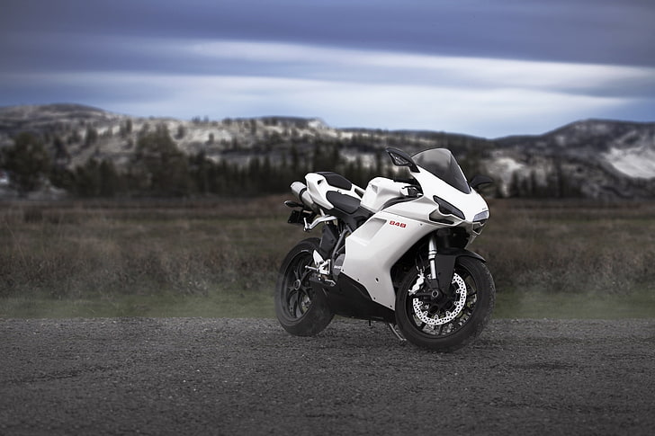 white sports bike, the sky, clouds, mountains, motorcycle, Ducati, HD wallpaper