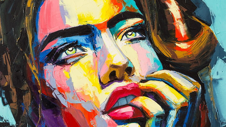 painting, woman, colorful, pretty, thinking, dreaming, face, HD wallpaper