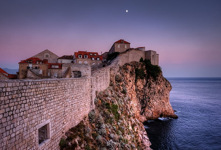 architecture house town old old building dubrovnik evening croatia stone house walls sea moon horizon rock stones, HD wallpaper