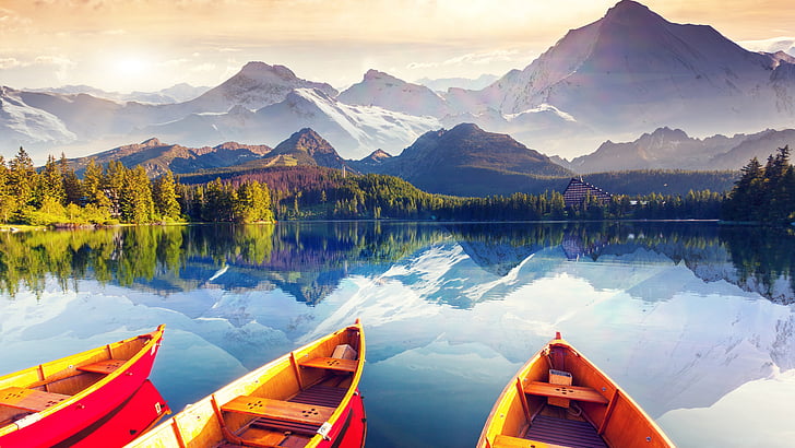 rowing boats, reflected, hight tatra, national park, high tatra national park, HD wallpaper