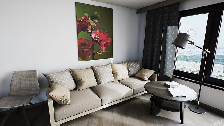 white and black fabric sectional sofa, room, Archviz, home interior