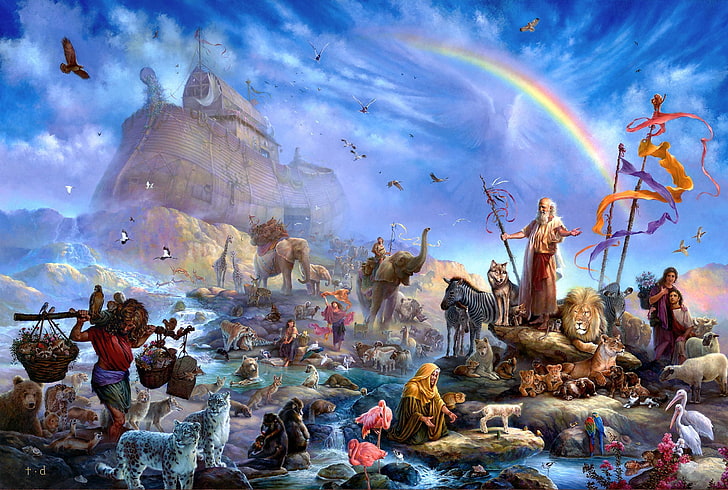 Noah's Ark painting, animals, people, rainbow, art, salvation