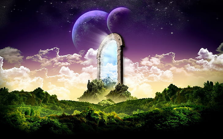 Gateway to a new world, two moon illustration, fantasy, background, HD wallpaper