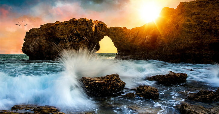 La Jolla, California, beach, splash of sea waves, water, sunset, HD wallpaper
