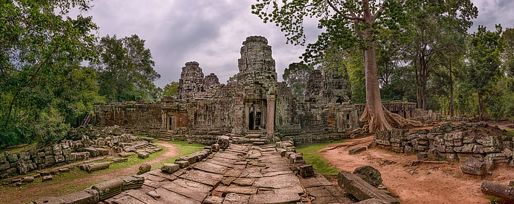 Cambodia Temple, gray temple, Asia, Travel, Trees, Ruins, Cloudy, HD wallpaper