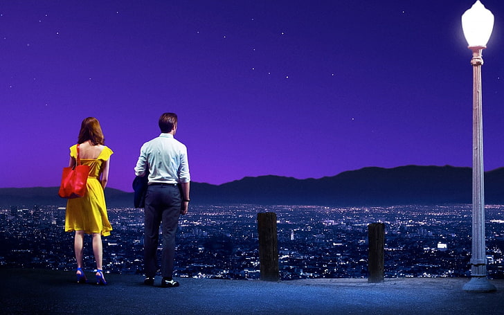 Movie, La La Land, Emma Stone, Ryan Gosling, rear view, full length