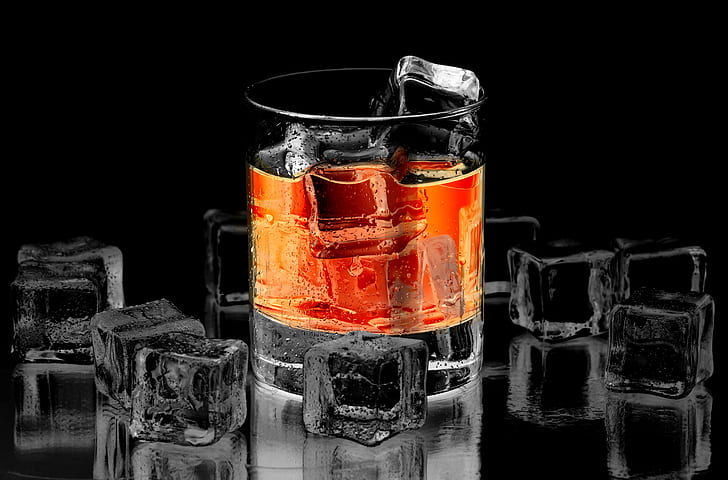 whiskey, whisky, glass, ice cubes, red, dark background