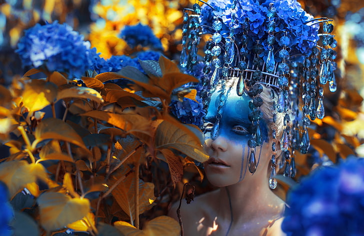 women's blue floral headdress, model, fashion, face paint, leaves