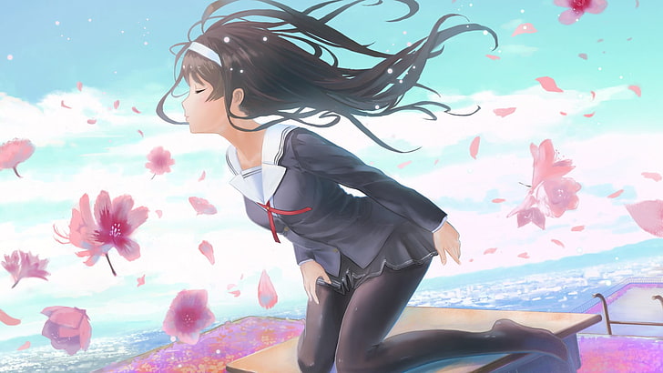 female animated character, school uniform, flowers, Saenai Heroine no Sodatekata, HD wallpaper