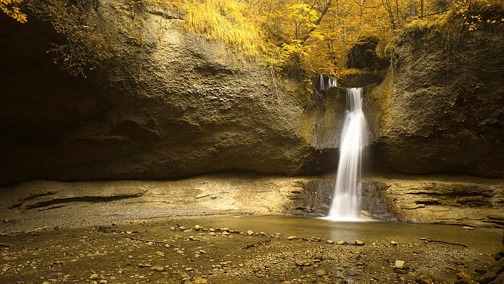 fall, rocks, trees, nature, pond, stream, waterfall, HD wallpaper
