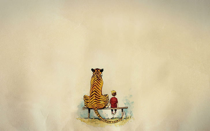 Calvin and Hobbes, tiger and boy sitting on bench illustration