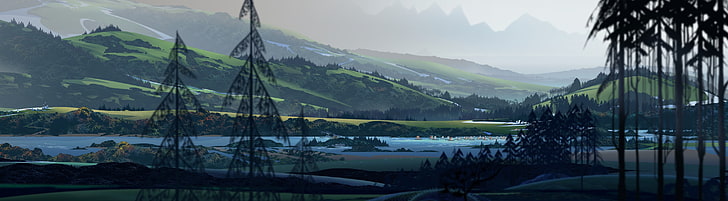 hill and river, The Banner Saga, video games, artwork, concept art