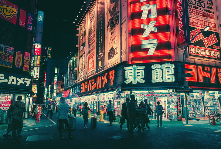 city lights, Japan, cityscape, building exterior, group of people
