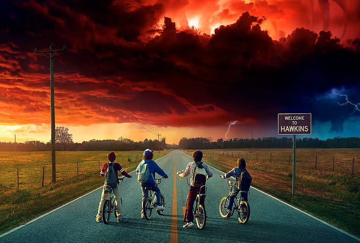 stranger things, tv shows, hd, transportation, sunset, group of people