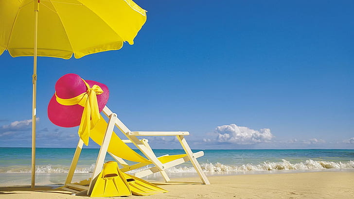 Yellow Summer, beach, umbrella, chair, nature and landscapes, HD wallpaper