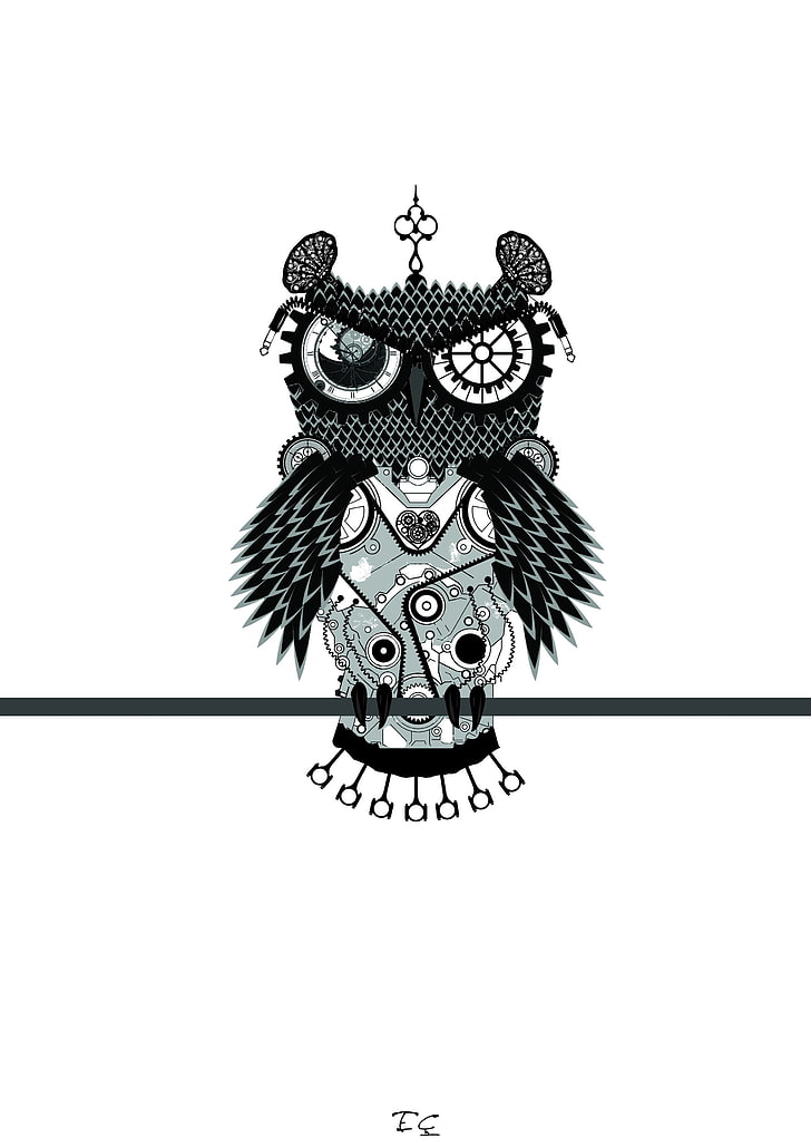 black and white owl figurine, artwork, abstract, white background
