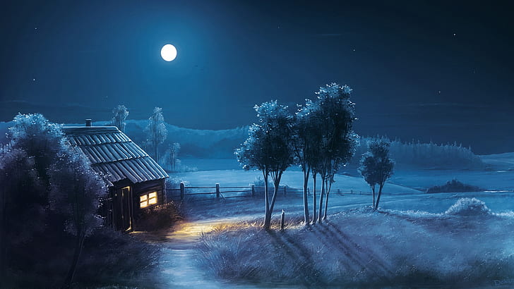 Art design, night, moon, house, fields, trees, HD wallpaper
