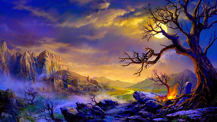 moonlight, fantasy landscape, full moon, night, tree, HD wallpaper