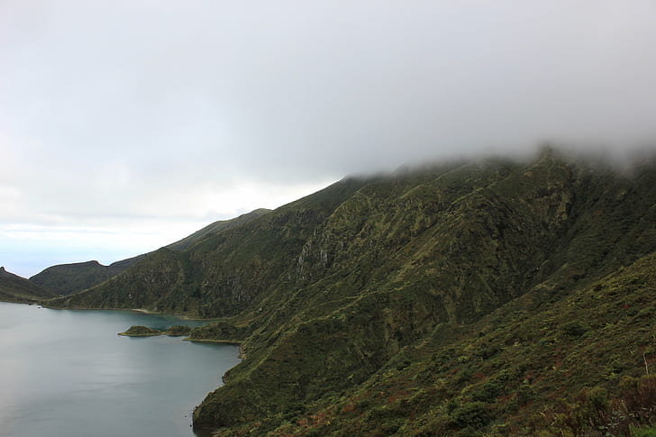 mountain beside a body of water under grey clouds, lagoa, fogo, azores, portugal, lagoa, fogo, azores, portugal