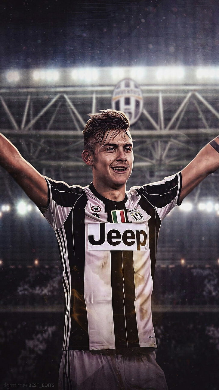 white and black Adidas Jeep soccer jersey, Paulo Dybala, soccer pitches, HD wallpaper
