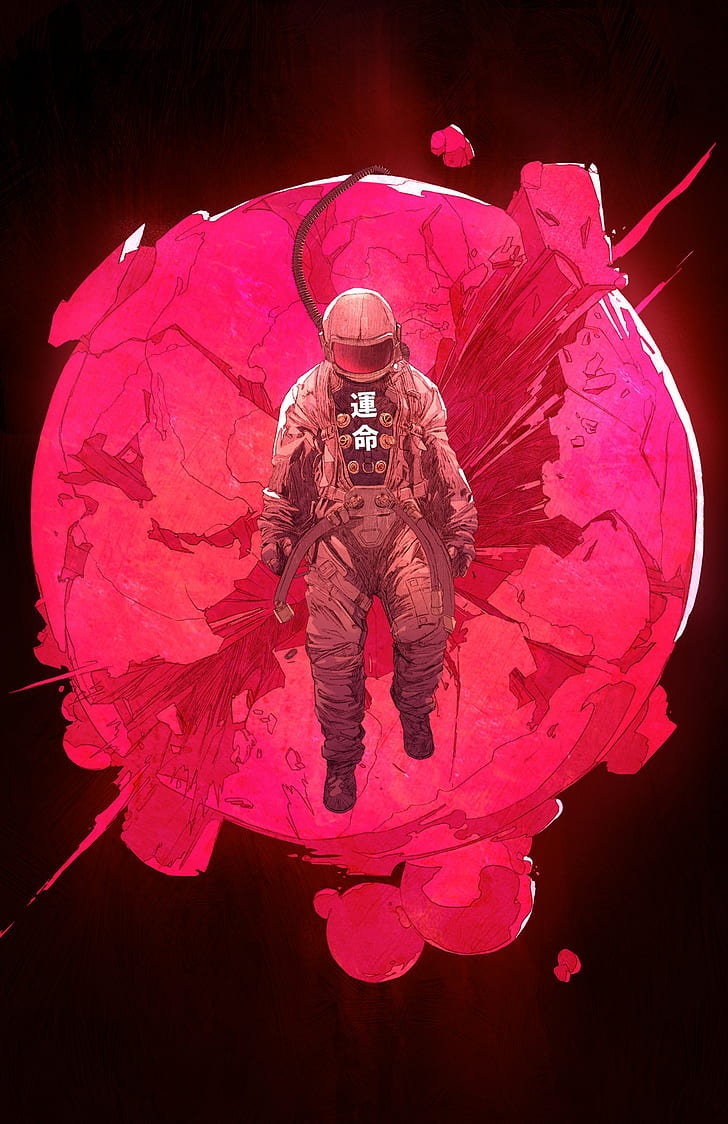 astronaut, Chun Lo, destruction, drawing, planet