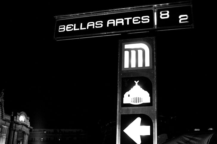 Bellas Artes, bellas artes signage, subway, mexico, metro, black and white, HD wallpaper