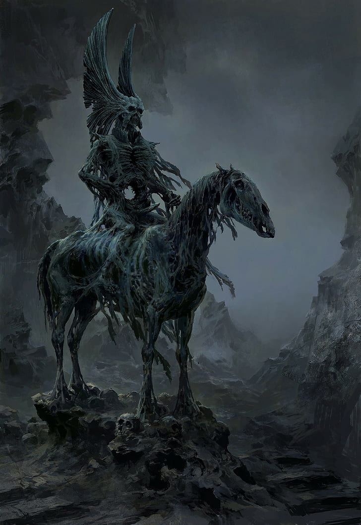 dead creepy fantasy art drawing death horse skull, water, nature