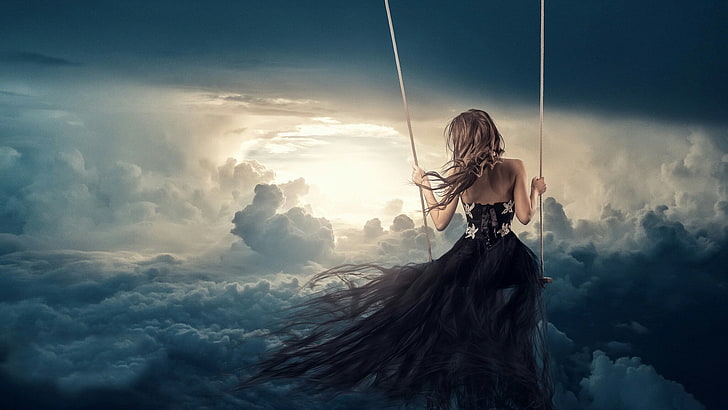 the sky, girl, swing, dress, HD wallpaper