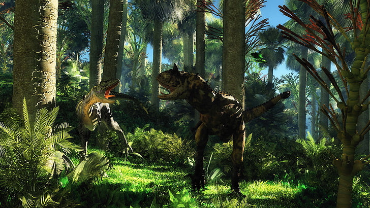 Jurassic Park digital wallpaper, jungle, dinosaurs, dispute, cretaceous age