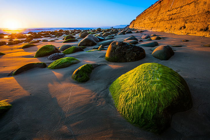 concrete rocks on soil during sunset, Rocky, CA, ocean, surf