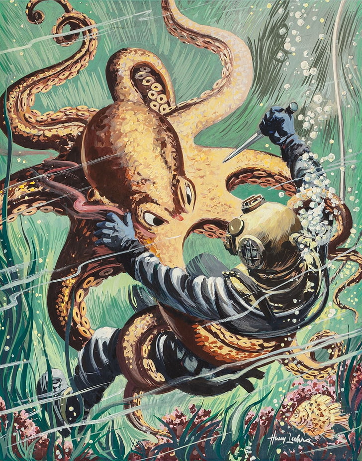 water, underwater, digital art, divers, octopus, sea monsters, HD wallpaper