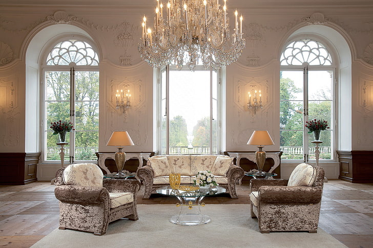 brown floral living room furniture set, hall, chandelier, vintage