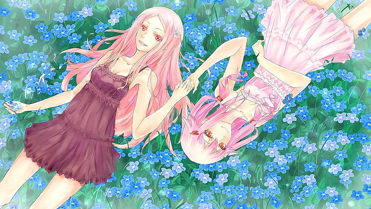 anime, anime girls, pink hair, long hair, flowers, smiling