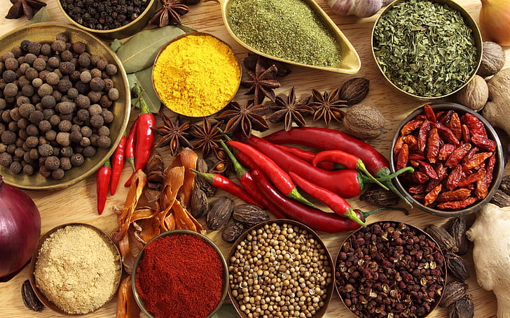Spices Poster, seasonings, red pepper, black pepper, star anise, HD wallpaper