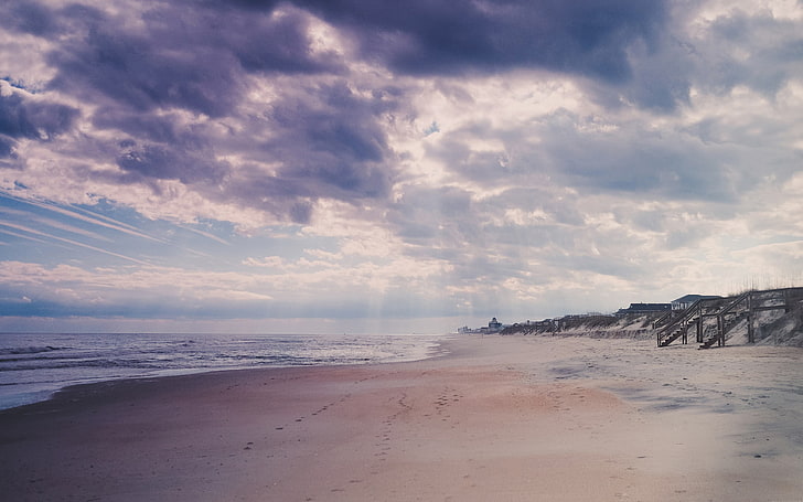 brown beach, photography, footprints, clouds, sky, sea, land, HD wallpaper