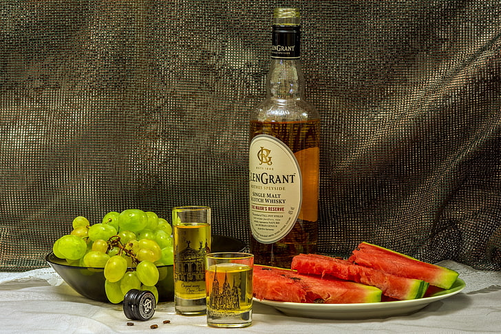 melons, grapes, still life, whiskey, alcohol, Glengrant, food and drink