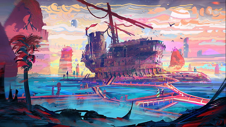 brown sailing ship artwork, colorful, abstract, bridge, sea, clouds