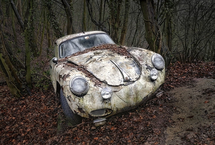 beige Volkswagen Beetle hatchback, car, wreck, Porsche, tree, HD wallpaper