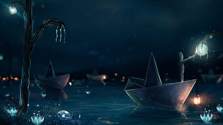fairytale, water, darkness, sky, paper boat, artistic, drawing, HD wallpaper