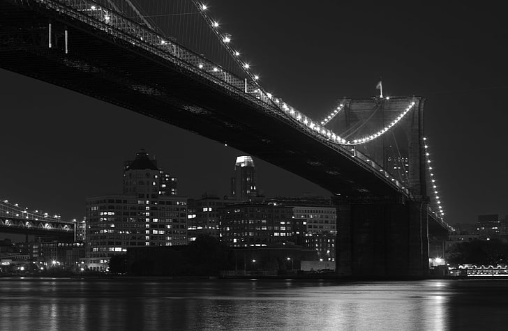 Brooklyn Bridge, New York, Black and White, City, Wall, Street, HD wallpaper