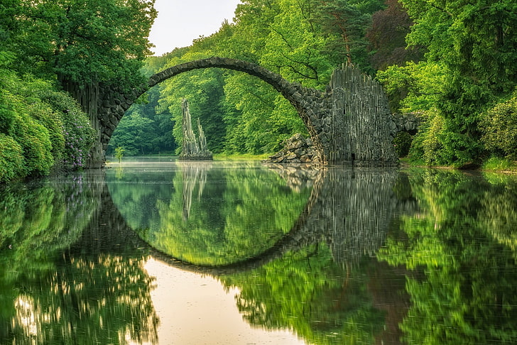 gray stone bridge, lake, reflection, Germany, Saxony, Rakotzbrücke