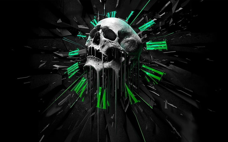 green and gray skull clock wallpaper, time, watch, figures, stains, HD wallpaper